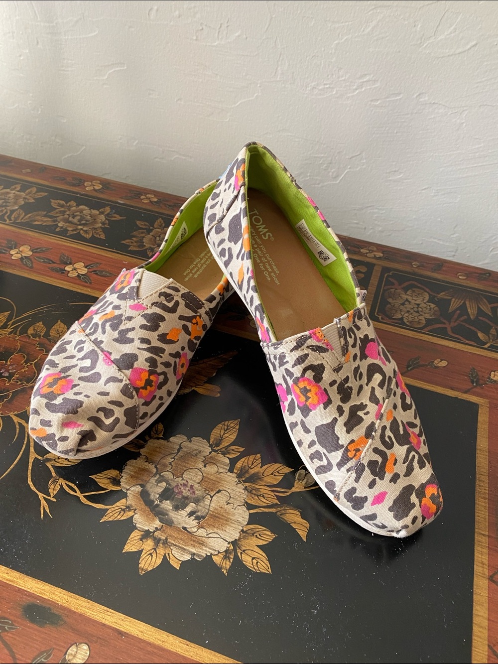 Toms Leopard Print Slip-Ons with Pink & Orange Floral Accents